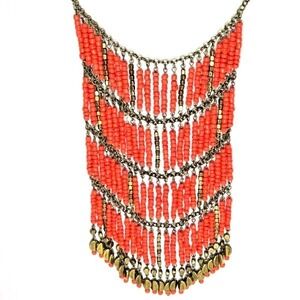 Chico's Bold Orange Glass and Brasstone Beaded‎ 4-Tier Fringe Statement Necklace